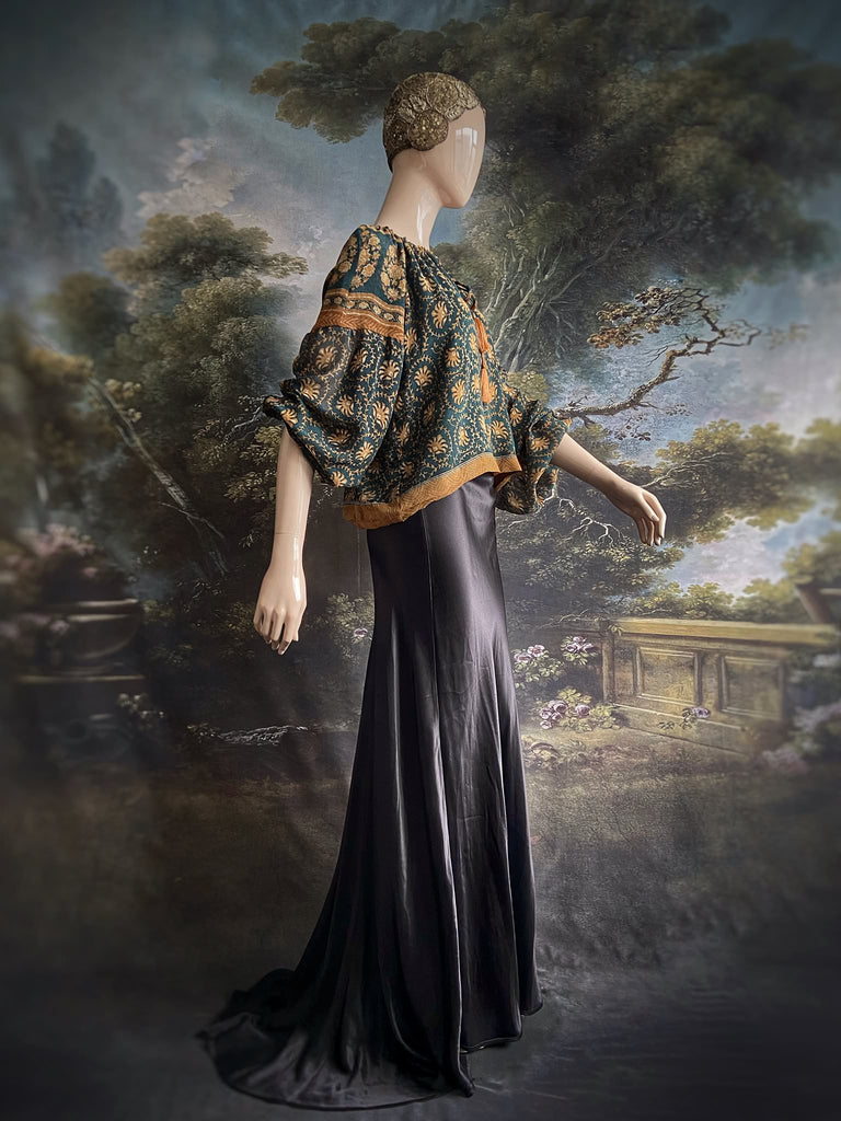 Dark teal green and ochre silk georgette blouse with long full sleeves and adjustable drawstring neckline. Bohemian styles sustainably created from antique and vintage textiles by the Pavilion Parade studio. 