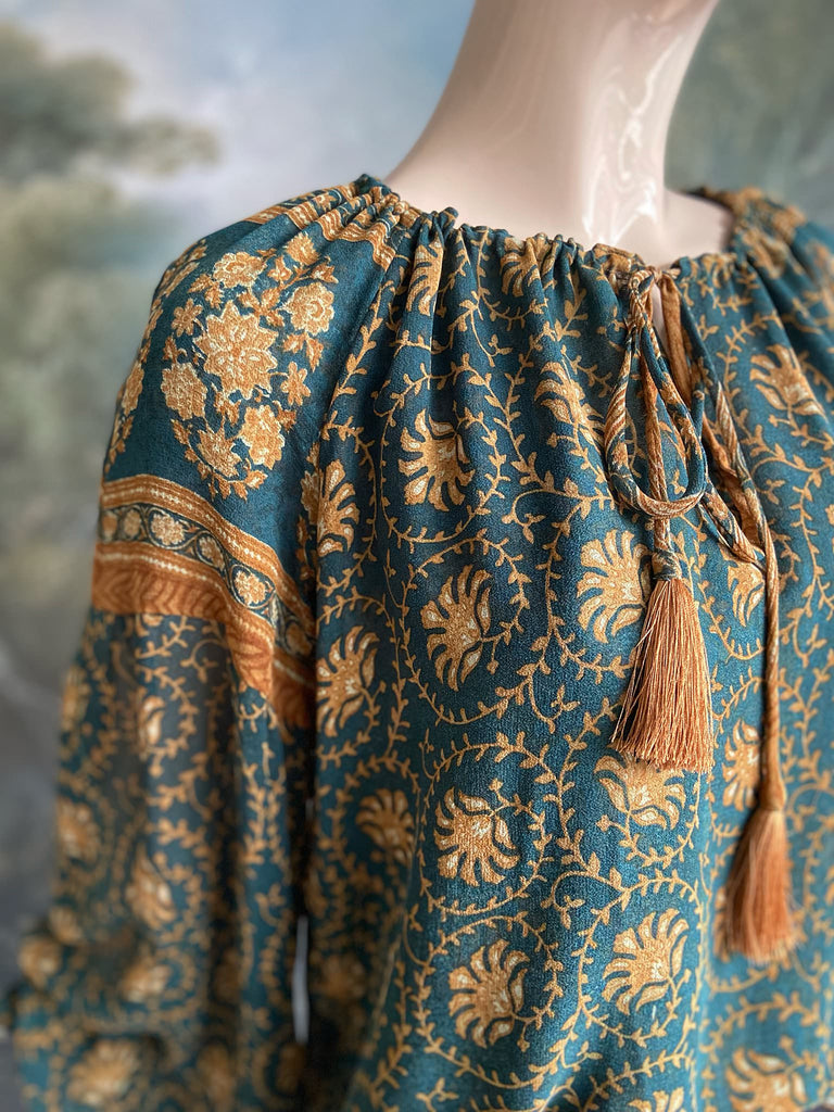 Dark teal green and ochre silk georgette blouse with long full sleeves and adjustable drawstring neckline. Bohemian styles sustainably created from antique and vintage textiles by the Pavilion Parade studio. 