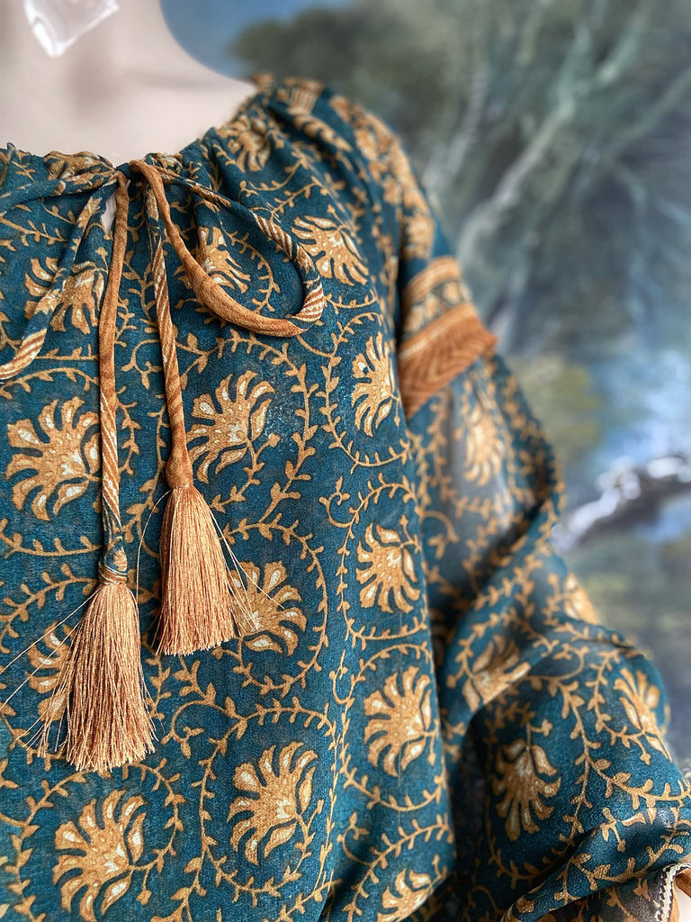 Dark teal green and ochre silk georgette blouse with long full sleeves and adjustable drawstring neckline. Bohemian styles sustainably created from antique and vintage textiles by the Pavilion Parade studio. 