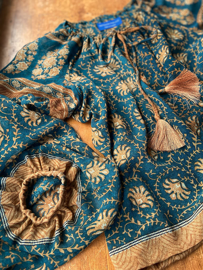 Dark teal green and ochre silk georgette blouse with long full sleeves and adjustable drawstring neckline. Bohemian styles sustainably created from antique and vintage textiles by the Pavilion Parade studio. 