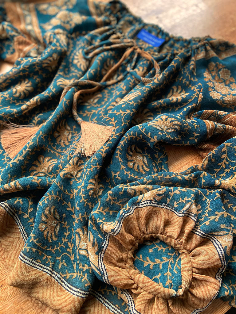 Dark teal green and ochre silk georgette blouse with long full sleeves and adjustable drawstring neckline. Bohemian styles sustainably created from antique and vintage textiles by the Pavilion Parade studio. 