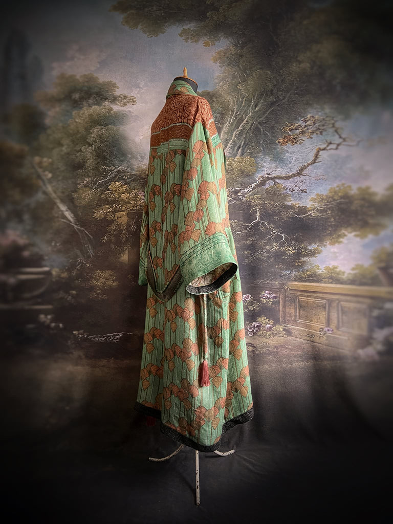 Art Deco eau-de-nil green and copper-pink fine wool dressing robe with silk lining and tassel sash. Bohemian style created from vintage textiles by Pavilion Parade 