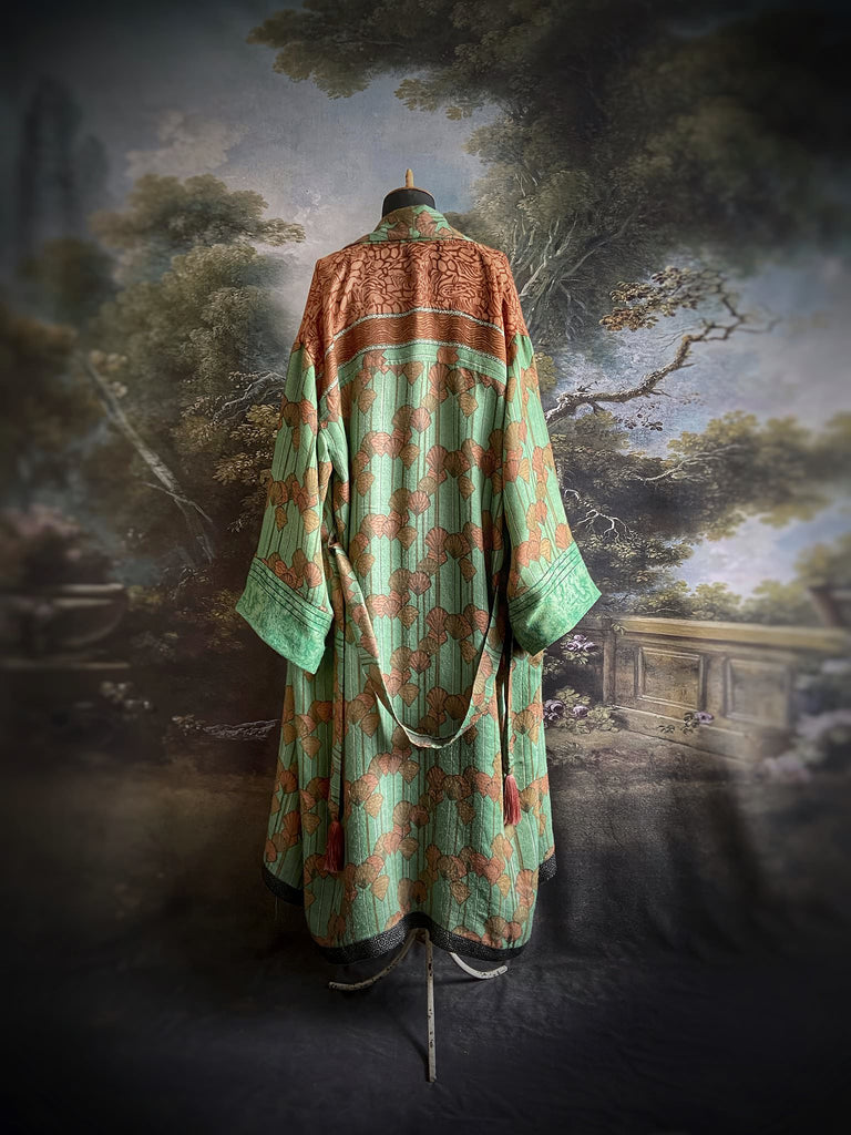 Art Deco eau-de-nil green and copper-pink fine wool dressing robe with silk lining and tassel sash. Bohemian style created from vintage textiles by Pavilion Parade 
