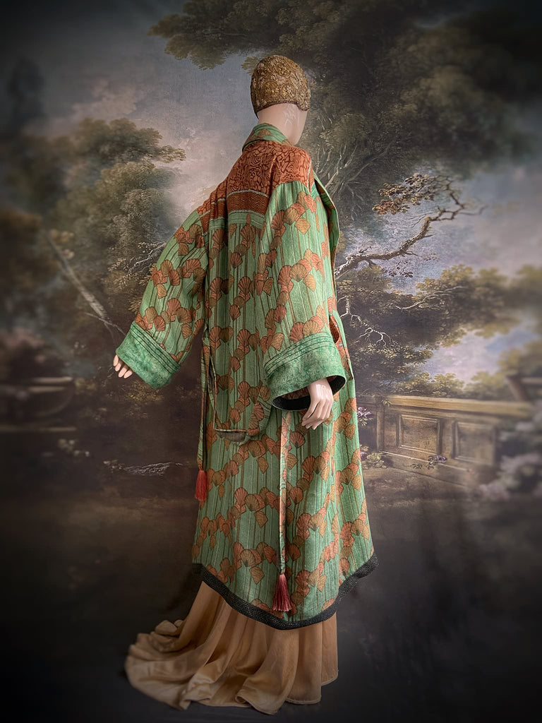 Art Deco eau-de-nil green and copper-pink fine wool dressing robe with silk lining and tassel sash. Bohemian style created from vintage textiles by Pavilion Parade 