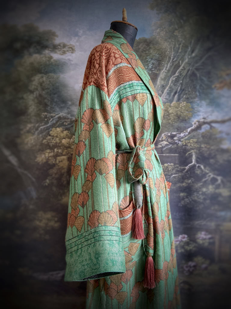 Art Deco eau-de-nil green and copper-pink fine wool dressing robe with silk lining and tassel sash. Bohemian style created from vintage textiles by Pavilion Parade 