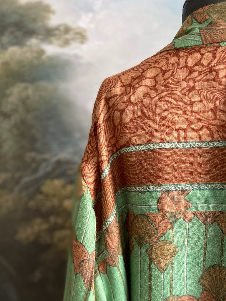 Art Deco eau-de-nil green and copper-pink fine wool dressing robe with silk lining and tassel sash. Bohemian style created from vintage textiles by Pavilion Parade 