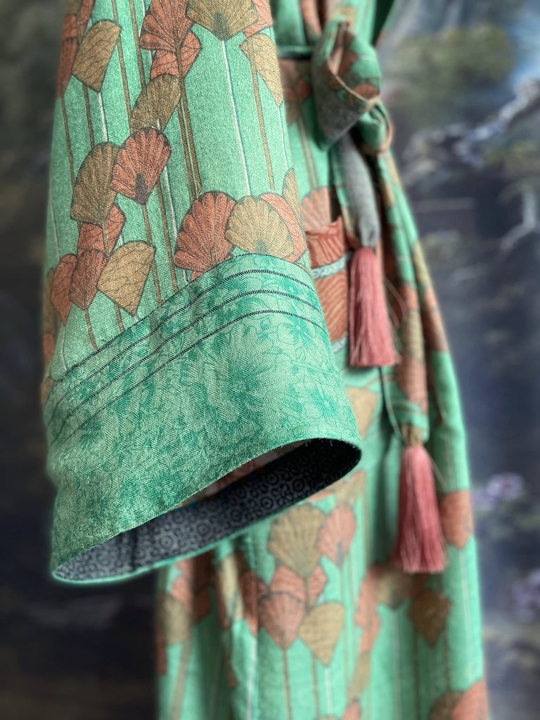 Art Deco eau-de-nil green and copper-pink fine wool dressing robe with silk lining and tassel sash. Bohemian style created from vintage textiles by Pavilion Parade 