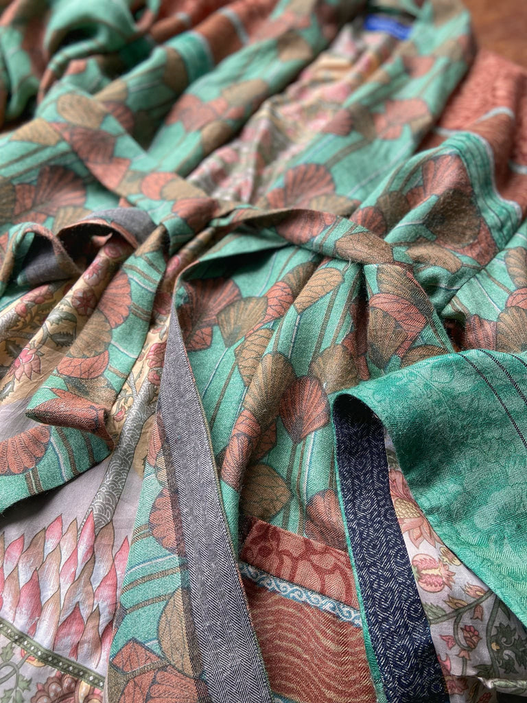 Art Deco eau-de-nil green and copper-pink fine wool dressing robe with silk lining and tassel sash. Bohemian style created from vintage textiles by Pavilion Parade 
