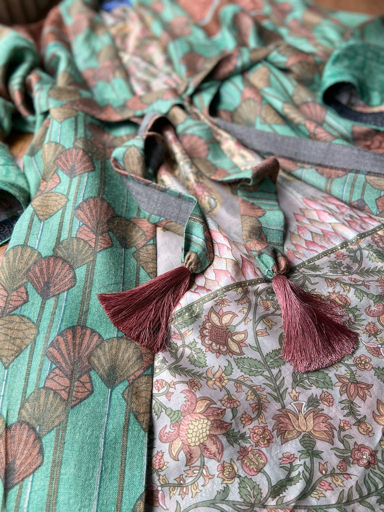 Art Deco eau-de-nil green and copper-pink fine wool dressing robe with silk lining and tassel sash. Bohemian style created from vintage textiles by Pavilion Parade 