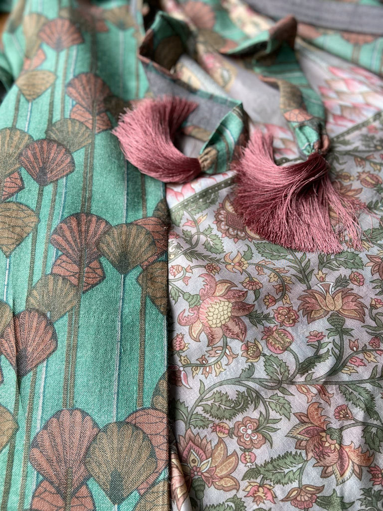 Art Deco eau-de-nil green and copper-pink fine wool dressing robe with silk lining and tassel sash. Bohemian style created from vintage textiles by Pavilion Parade 