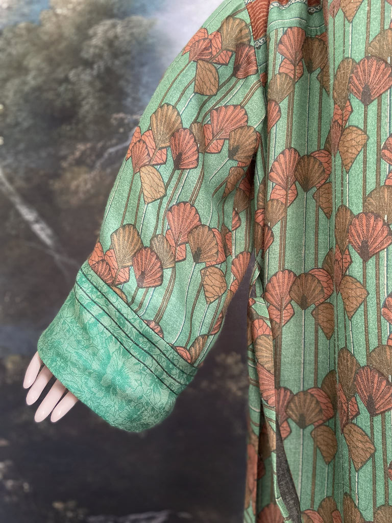 Art Deco eau-de-nil green and copper-pink fine wool dressing robe with silk lining and tassel sash. Bohemian style created from vintage textiles by Pavilion Parade 
