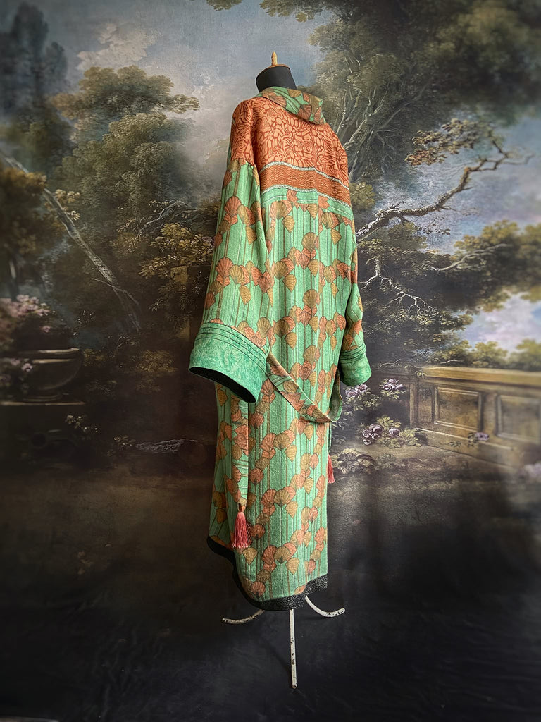 Art Deco eau-de-nil green and copper-pink fine wool dressing robe with silk lining and tassel sash. Bohemian style created from vintage textiles by Pavilion Parade 