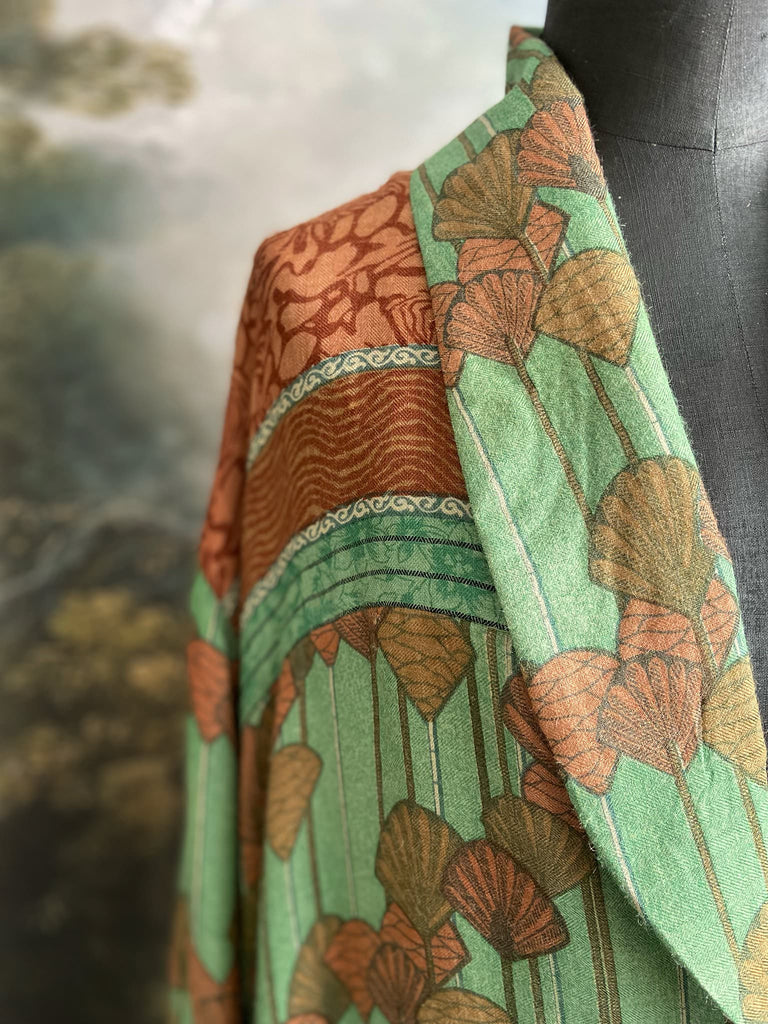 Art Deco eau-de-nil green and copper-pink fine wool dressing robe with silk lining and tassel sash. Bohemian style created from vintage textiles by Pavilion Parade 