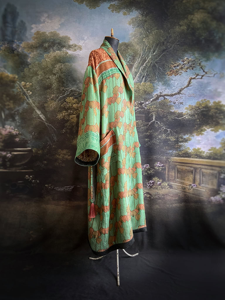 Art Deco eau-de-nil green and copper-pink fine wool dressing robe with silk lining and tassel sash. Bohemian style created from vintage textiles by Pavilion Parade 