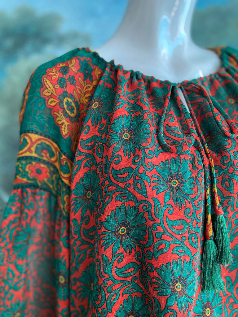 Emerald, paprika and sunflower yellow silk georgette blouse with long full sleeves and adjustable drawstring neckline. Bohemian styles sustainably created from antique and vintage textiles by the Pavilion Parade studio. 