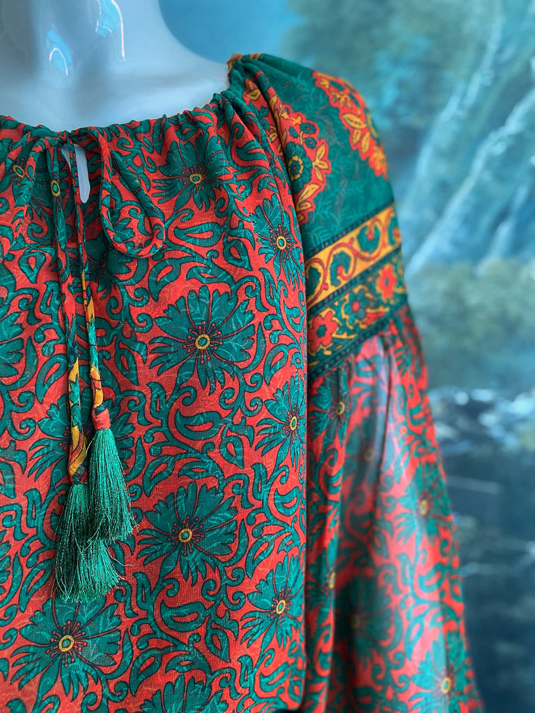 Emerald, paprika and sunflower yellow silk georgette blouse with long full sleeves and adjustable drawstring neckline. Bohemian styles sustainably created from antique and vintage textiles by the Pavilion Parade studio. 