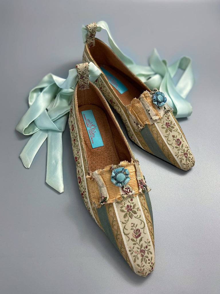 Sky blue and ivory Regency stripe dancing shoes with pointed toe and original Georgian dress trim embellishment. Optional silk satin ankle ribbons. Bohemian style created from antique textiles by the Pavilion Parade studio