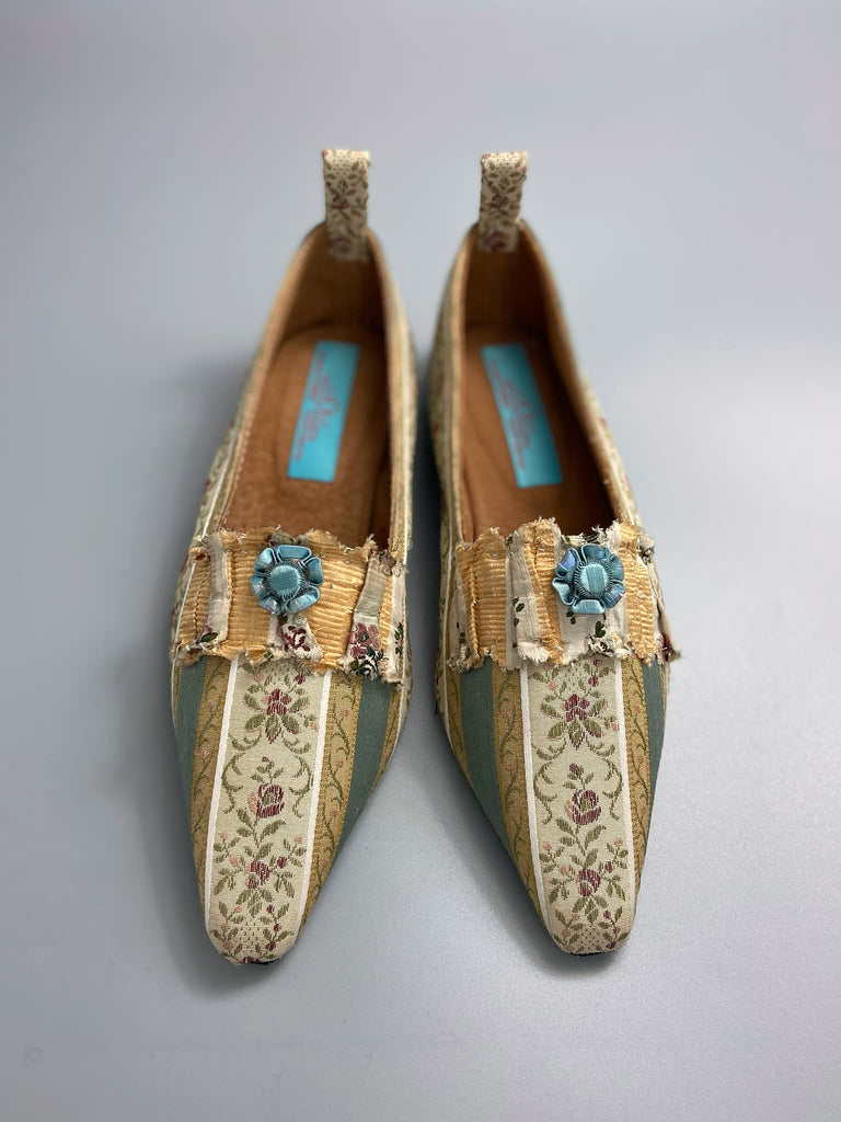 Sky blue and ivory Regency stripe dancing shoes with pointed toe and original Georgian dress trim embellishment. Optional silk satin ankle ribbons. Bohemian style created from antique textiles by the Pavilion Parade studio