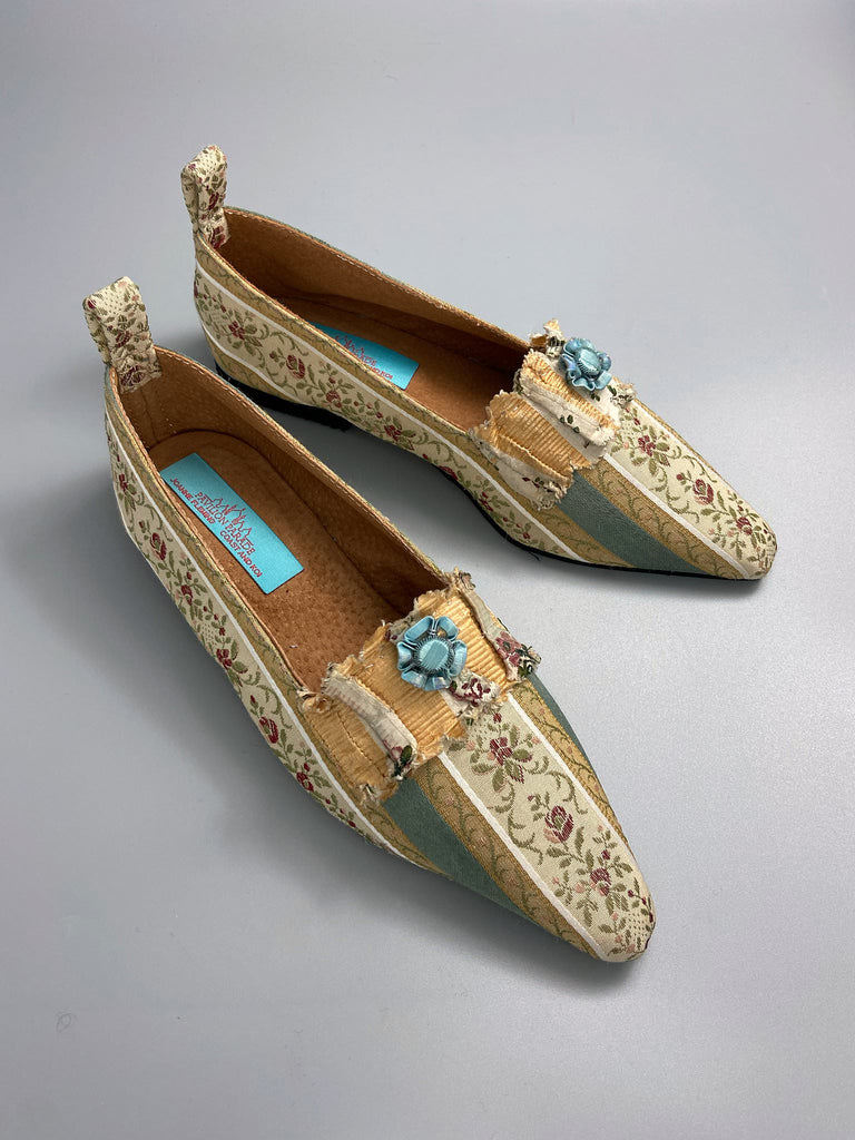 Sky blue and ivory Regency stripe dancing shoes with pointed toe and original Georgian dress trim embellishment. Optional silk satin ankle ribbons. Bohemian style created from antique textiles by the Pavilion Parade studio