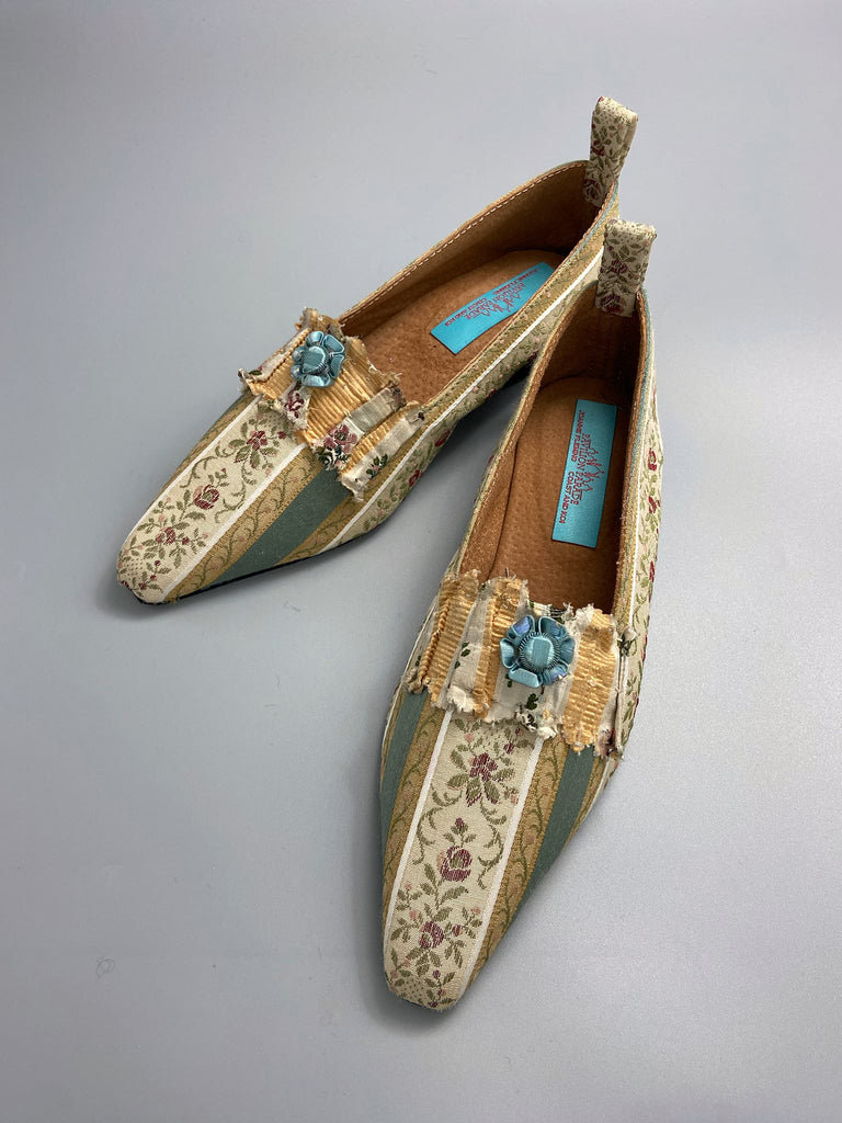 Sky blue and ivory Regency stripe dancing shoes with pointed toe and original Georgian dress trim embellishment. Optional silk satin ankle ribbons. Bohemian style created from antique textiles by the Pavilion Parade studio