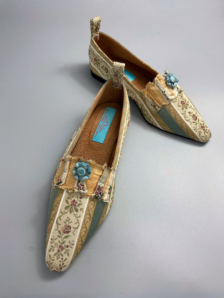 Sky blue and ivory Regency stripe dancing shoes with pointed toe and original Georgian dress trim embellishment. Optional silk satin ankle ribbons. Bohemian style created from antique textiles by the Pavilion Parade studio