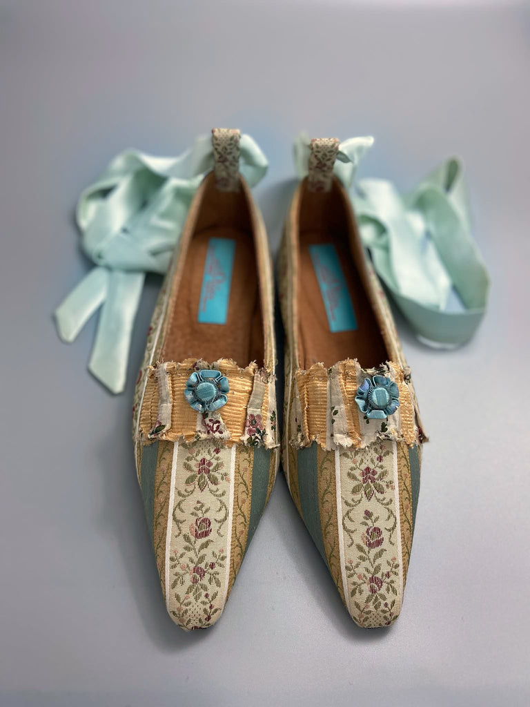 Sky blue and ivory Regency stripe dancing shoes with pointed toe and original Georgian dress trim embellishment. Optional silk satin ankle ribbons. Bohemian style created from antique textiles by the Pavilion Parade studio