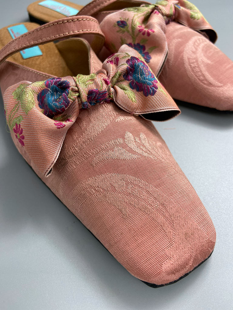 Salmon pink square toed silk damask shoes with floral ribbon bows. Bohemian styles created from antique textiles by the Pavilion Parade studio.