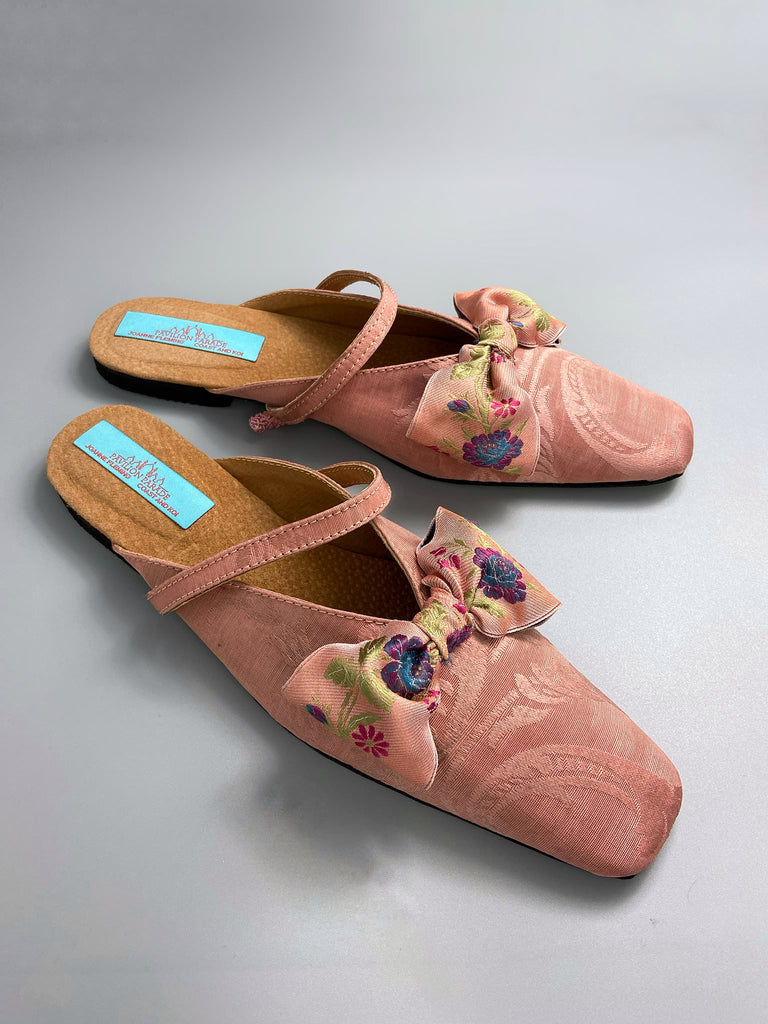 Salmon pink square toed silk damask shoes with floral ribbon bows. Bohemian styles created from antique textiles by the Pavilion Parade studio.