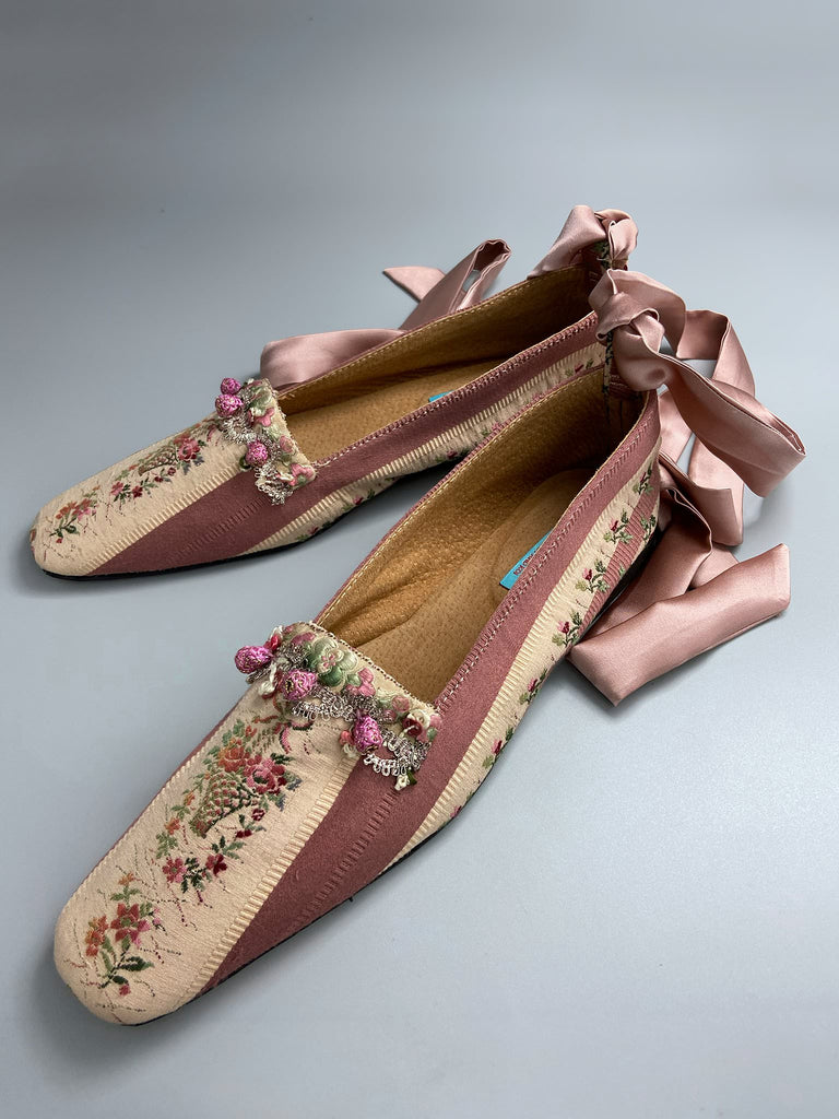 Rosebud toile square toe Regency dancing slippers with metallic fly fringe trim and ankle ribbons. Bohemian style created from antique and vintage textiles by Pavilion Parade.