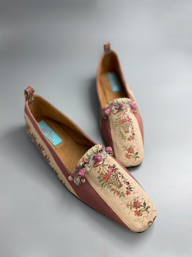 Rosebud toile square toe Regency dancing slippers with metallic fly fringe trim and ankle ribbons. Bohemian style created from antique and vintage textiles by Pavilion Parade.