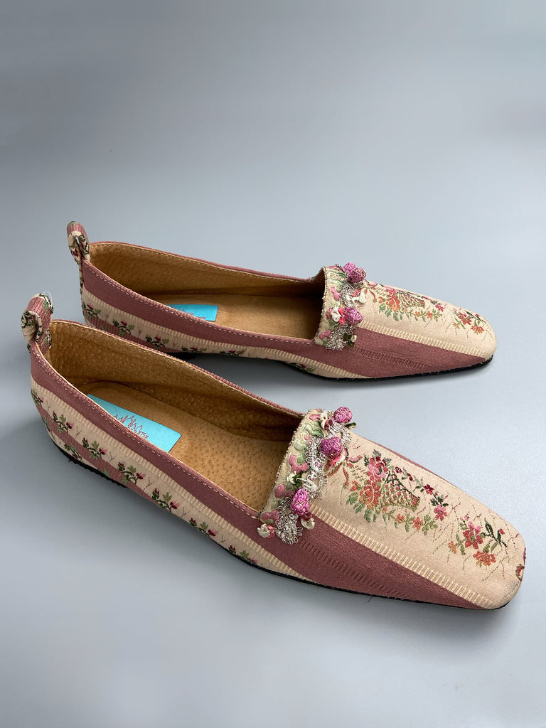 Rosebud toile square toe Regency dancing slippers with metallic fly fringe trim and ankle ribbons. Bohemian style created from antique and vintage textiles by Pavilion Parade.