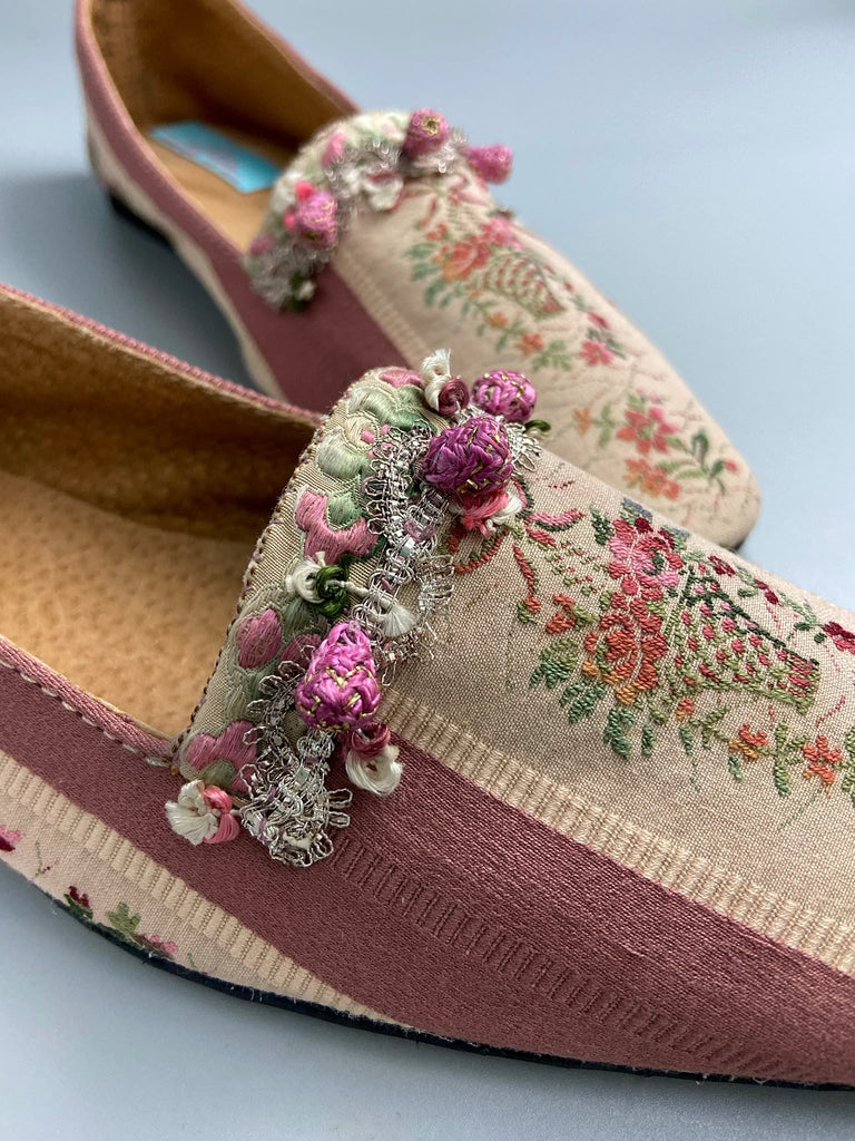 Rosebud toile square toe Regency dancing slippers with metallic fly fringe trim and ankle ribbons. Bohemian style created from antique and vintage textiles by Pavilion Parade.