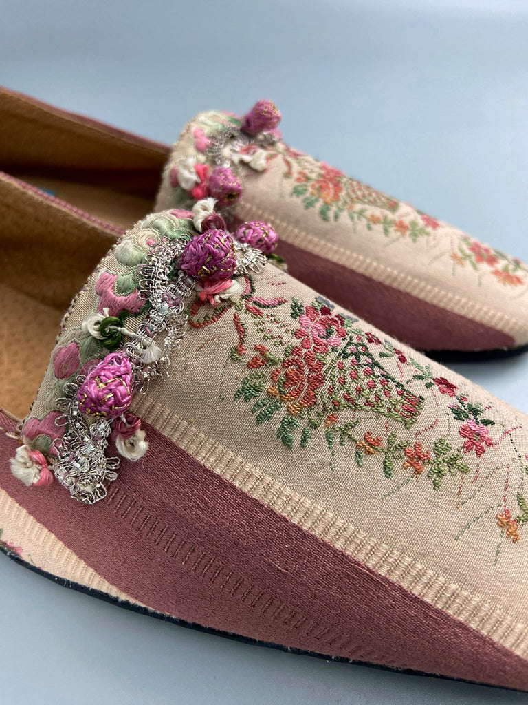 Rosebud toile square toe Regency dancing slippers with metallic fly fringe trim and ankle ribbons. Bohemian style created from antique and vintage textiles by Pavilion Parade.