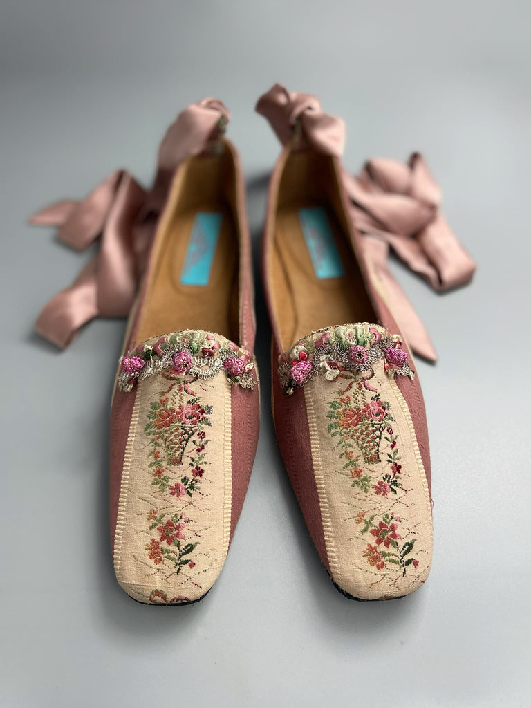 Rosebud toile square toe Regency dancing slippers with metallic fly fringe trim and ankle ribbons. Bohemian style created from antique and vintage textiles by Pavilion Parade.