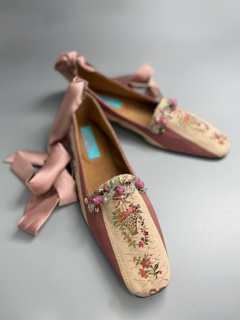 Rosebud toile square toe Regency dancing slippers with metallic fly fringe trim and ankle ribbons. Bohemian style created from antique and vintage textiles by Pavilion Parade.