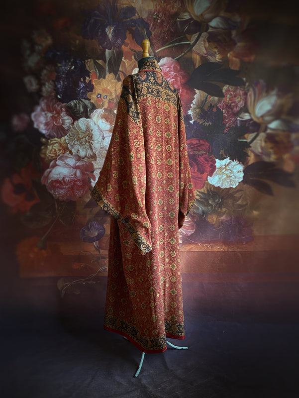 1920s inspired silk kimono robe created from vintage black, mustard, and dark sienna red silk crepe. Unique bohemian designs from the Pavilion Parade studio.