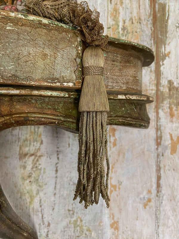 Aesthetic Movement inspired long silk sautoir necklace with antique tassel embellishment. Bohemian style from vintage textiles by Pavilion Parade. 