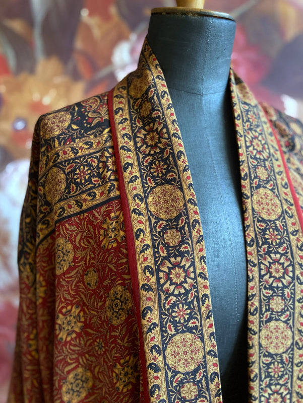 1920s inspired silk kimono robe created from vintage black, mustard, and dark sienna red silk crepe. Unique bohemian designs from the Pavilion Parade studio.