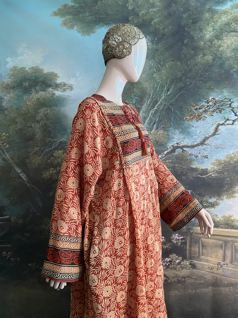 Reversible russet cotton kaftan maxi dress with pockets and wide sleeves. Unique bohemian styles created from antique and vintage textiles by the Pavilion Parade Studio.