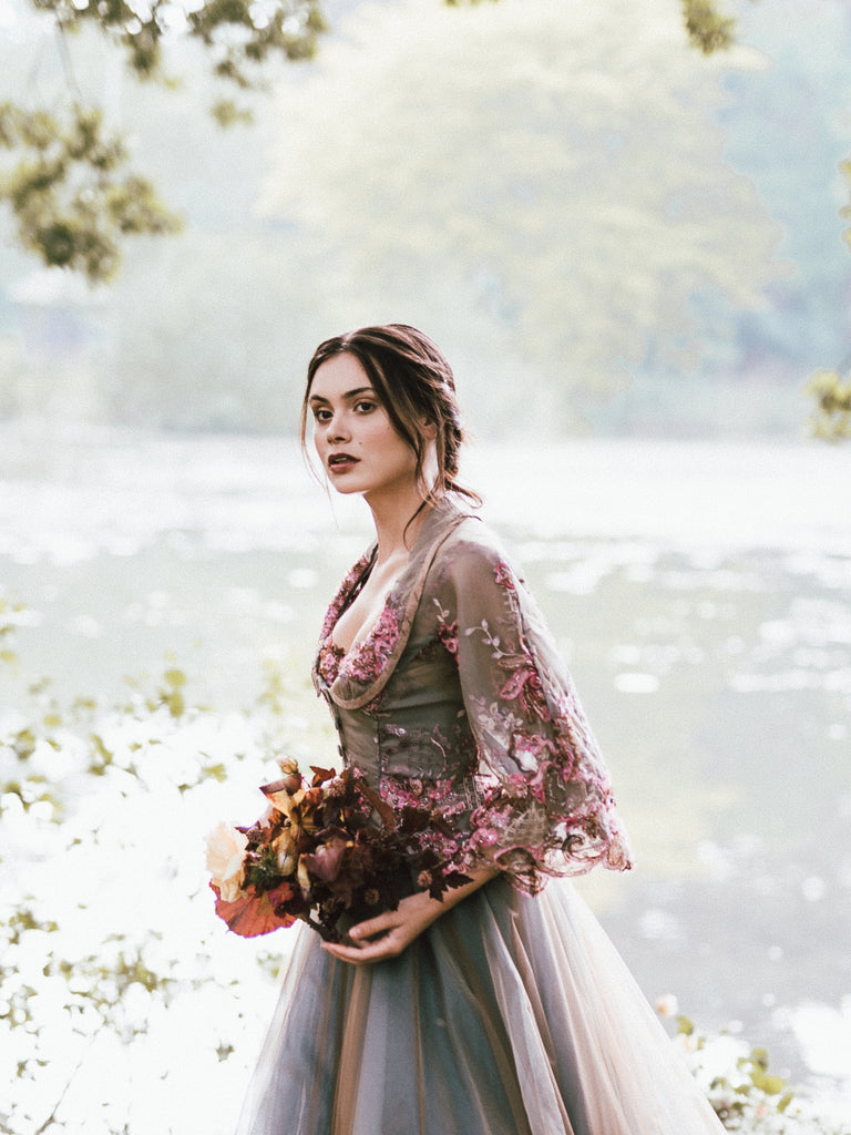 Ribbon embroidered and beaded silk and tulle bodice jacket with picture neckline and pagoda sleeves. French grey, rose pink and lavender. Flight of fancy from the Pavilion Parade studio. 