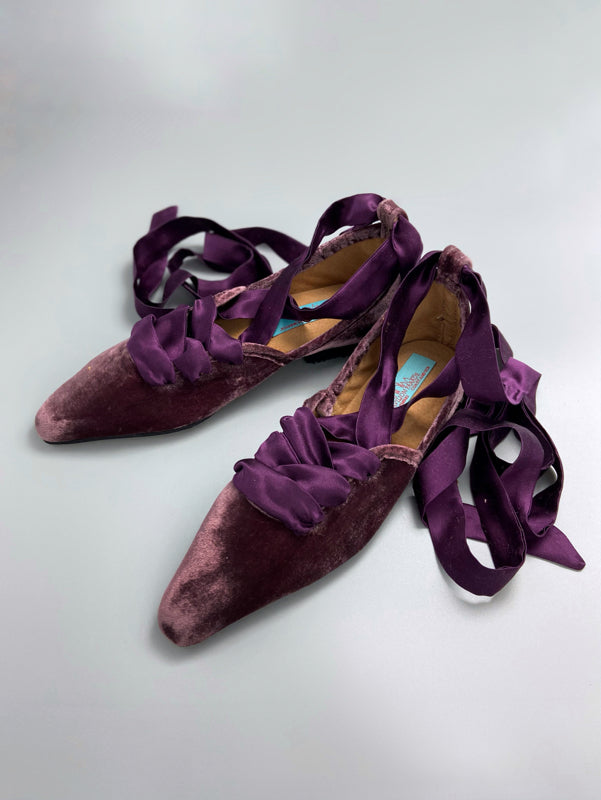 Plum silk velvet ballerina shoes with long silk satin ankle ties. Bohemian style from Pavilion Parade.