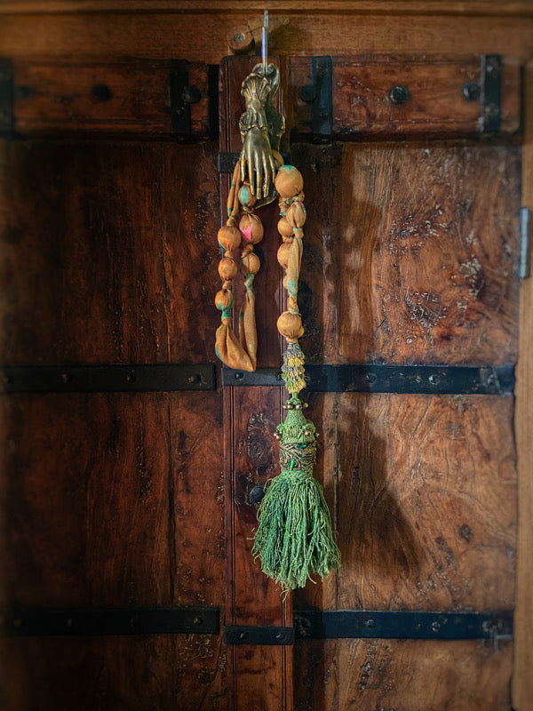 Aesthetic Movement inspired long silk sautoir necklace with antique tassel embellishment. Bohemian style from vintage textiles by Pavilion Parade. 
