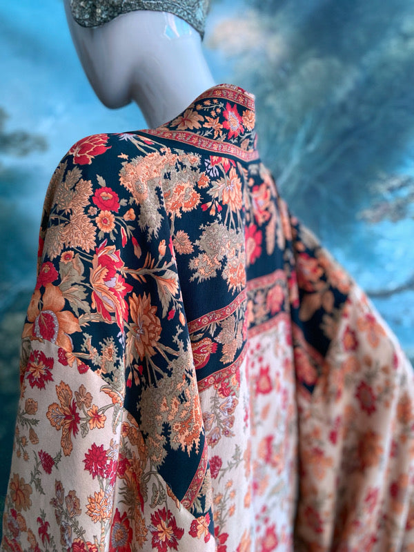 1920s inspired silk kimono robe with tassel sleeves, created from vintage scarlet, pumpkin and antique ivory silk crepe. Unique bohemian designs from the Pavilion Parade studio.