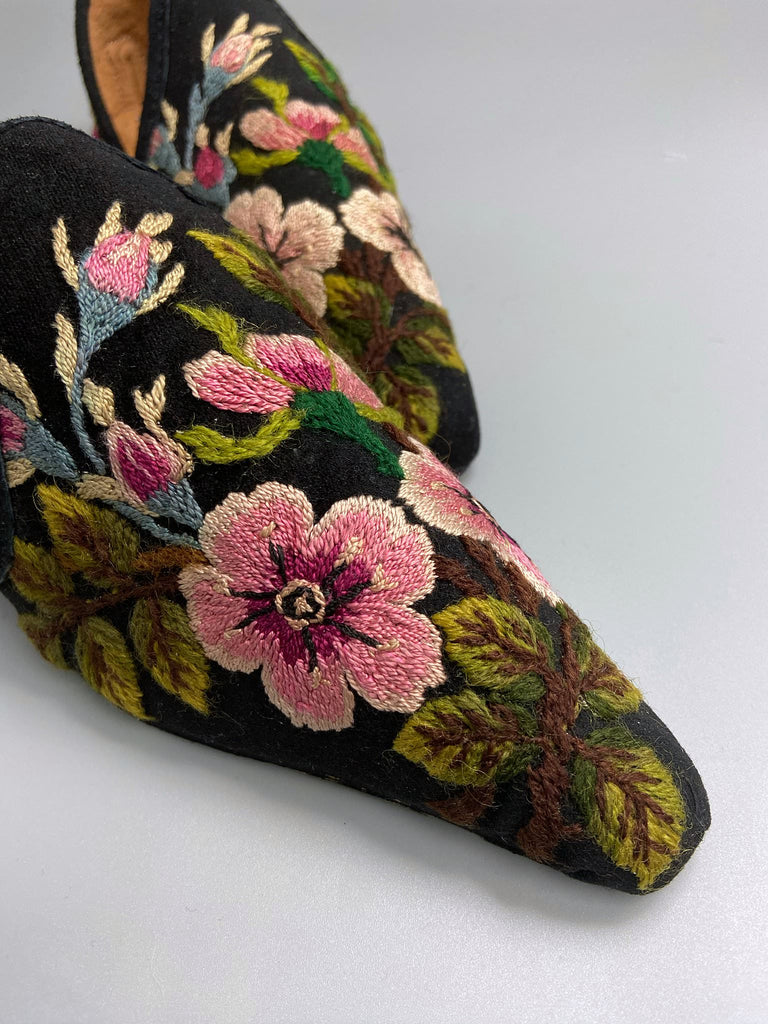 Victorian wool slipper inspired shoes created from antique hand embroidered black wool. Bohemian style from the Pavilion Parade studio.