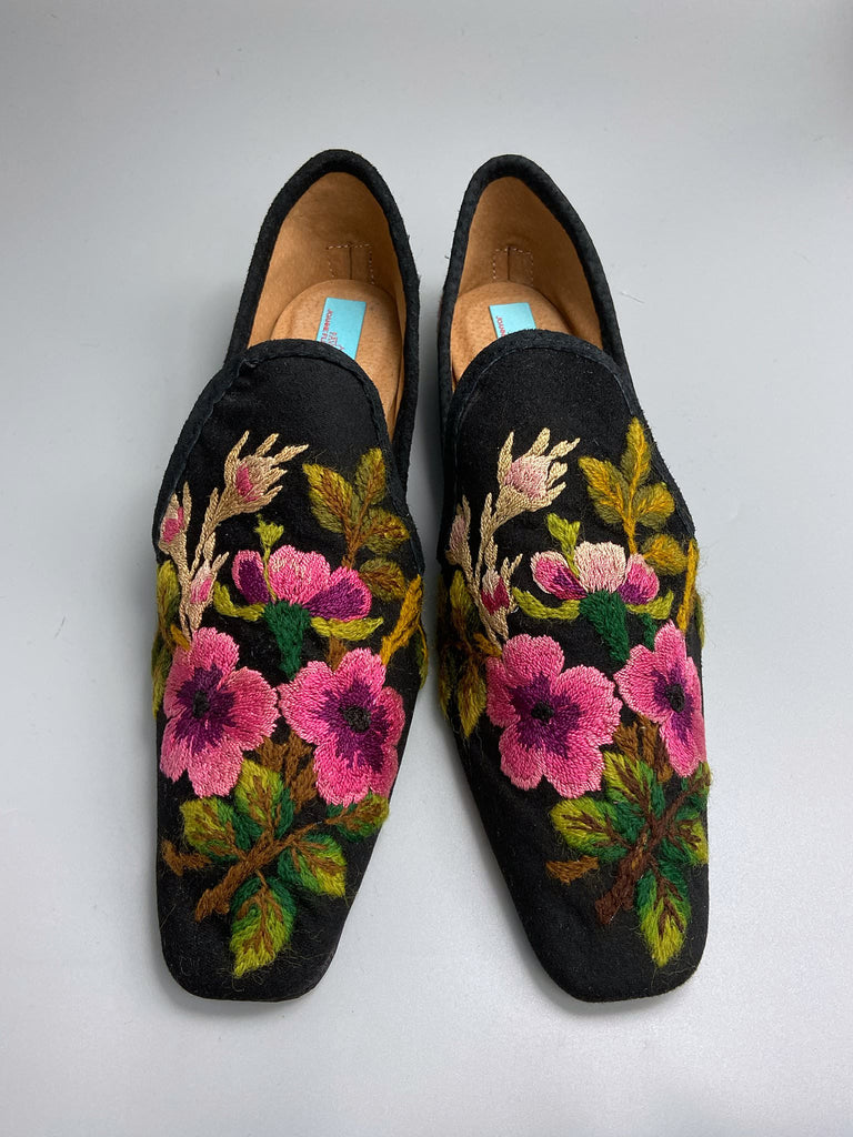 Victorian wool slipper inspired shoes with square toes sustainably created from antique hand embroidered black wool. Bohemian style from the Pavilion Parade studio.