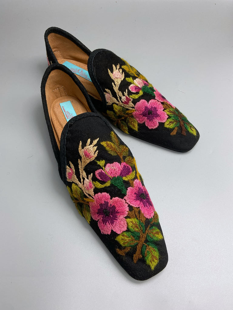 Victorian wool slipper inspired shoes with square toes sustainably created from antique hand embroidered black wool. Bohemian style from the Pavilion Parade studio.