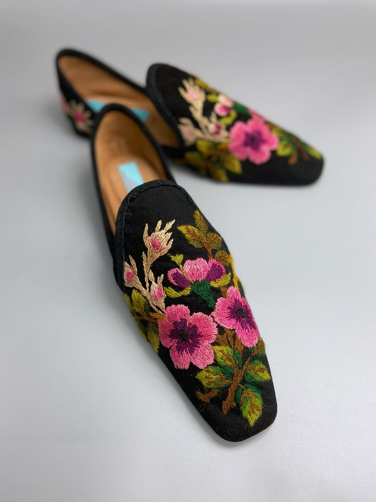 Victorian wool slipper inspired shoes with square toes sustainably created from antique hand embroidered black wool. Bohemian style from the Pavilion Parade studio.