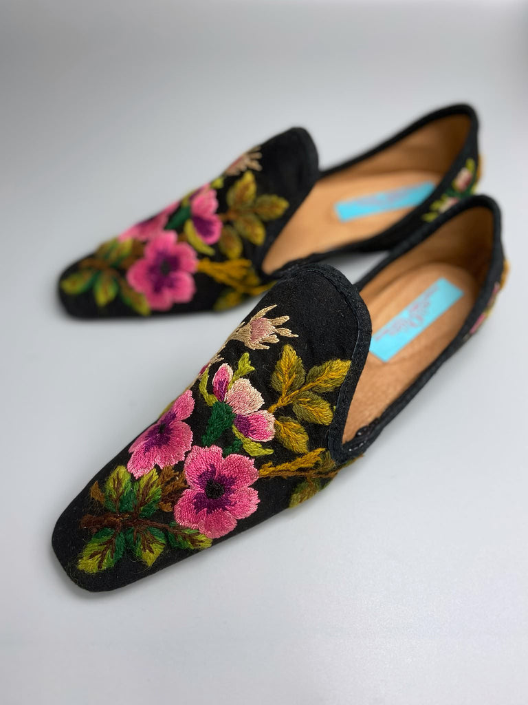 Victorian wool slipper inspired shoes with square toes sustainably created from antique hand embroidered black wool. Bohemian style from the Pavilion Parade studio.