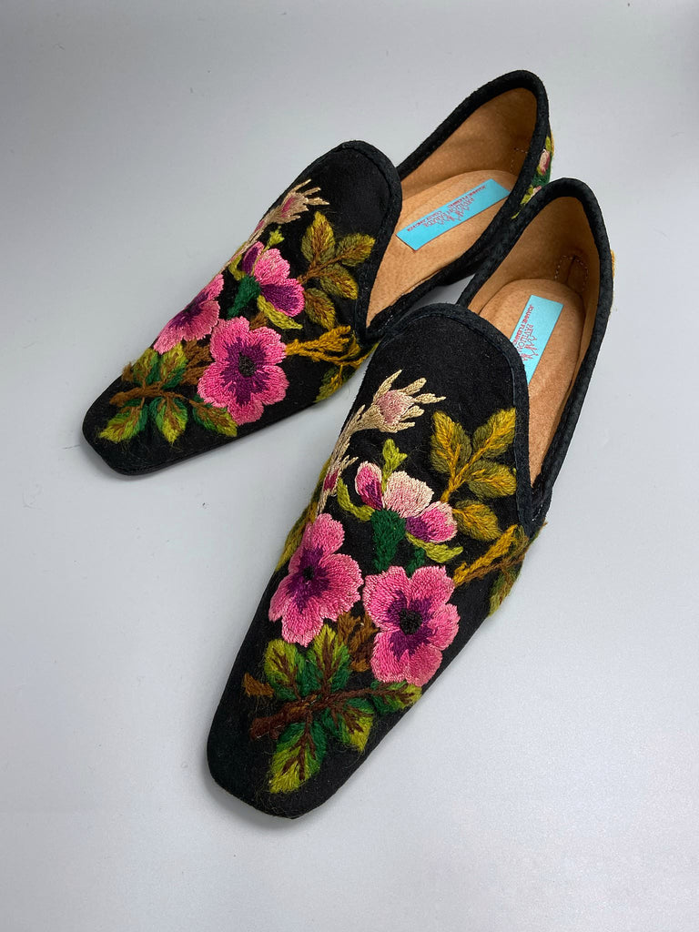 Victorian wool slipper inspired shoes with square toes sustainably created from antique hand embroidered black wool. Bohemian style from the Pavilion Parade studio.