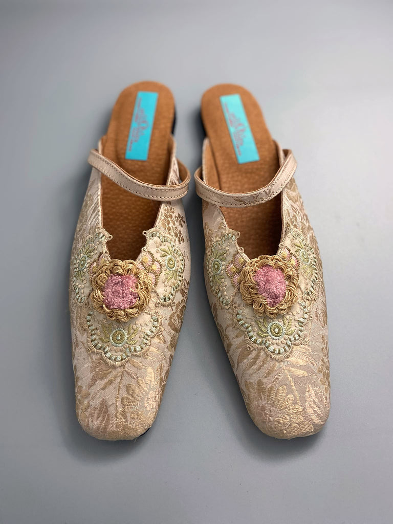 Rose gold square toed silk brocade shoes with silk rosettes. Bohemian styles created from antique textiles by the Pavilion Parade studio.